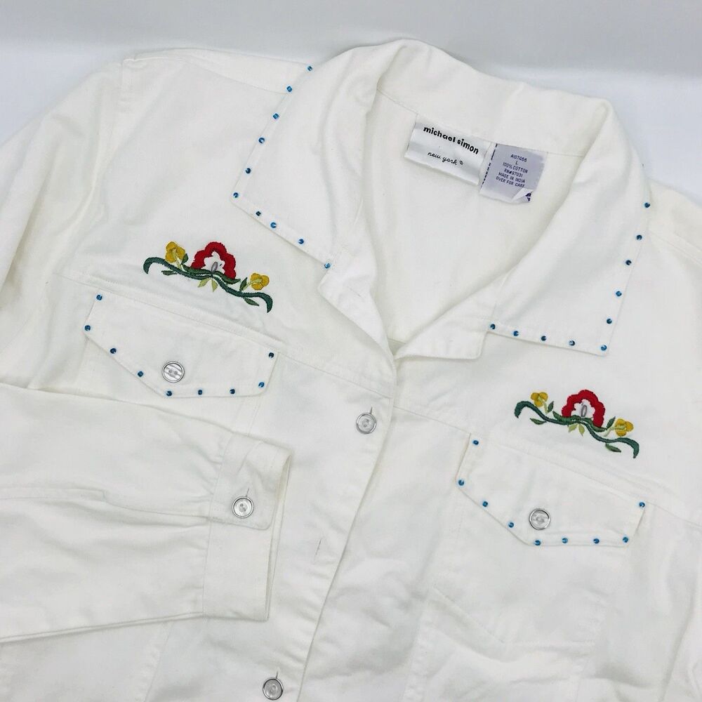 Michael Simon Embroidered Bird Floral Beaded Jacket Women L White Boho Has Spot